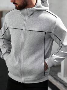 Manfinity Homme Men's Casual Contrast Trim Zip-Up Hooded Sweatshirt Hoodie Sweatshirt Casual Hoodies Grey Zip Up Hoodie Grey Hoodie With Zipper Zip Up Hoodie, Long Sleeve Top - Grey - View 6