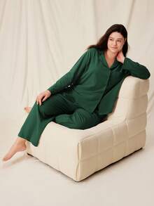 LUVLETTE Christmas & New Years Pajamas Plus Size Soft Brushed Cotton Basic PJ Set Women's Lounge Set Fall Pajamas - Green - View 7