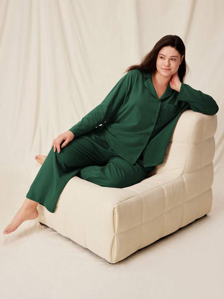 Plus Women Brushed Cotton Button-Up Long PJ Set