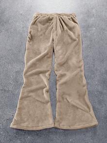 Manfinity Roghcode Men's Letter Embroidered Drawstring Waist Fluffy Sweatpants,Khaki,Autumn,Streetwear,Dress Plush Fleece For Warmth,Coral Wide Leg Flared Bell Bottoms - Brown - View 2