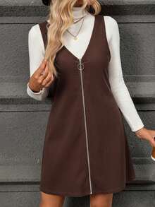 SHEIN Clasi Women's Casual Minimalist Straight Solid Color Textured Fabric Spaghetti Strap Short Dress, Autumn/Winter - Brown - View 3