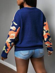 Slaydiva Women's Autumn Navy Blue Casual Streetwear Pullover Sweater,Crew Neck Color Block Fuzzy Knit Long Sleeve Dropped Shoulder Y2k Top For Any Occasion - Multicolor - View 2