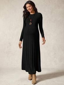 Boho Mama Maternity Black Autumn Casual Formal Evening Photoshoot Elegant Solid Color Round Neck Long Sleeve Ribbed Bump Friendly Knit Maxi Pregnant Dress - Black - View 3