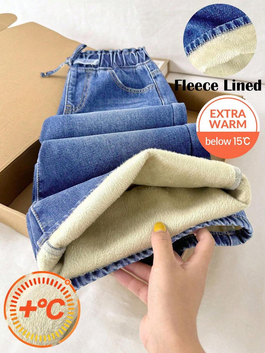 SHEIN 少女蓝色保暖宽松牛仔裤 - 中等水洗藍 - 查看 1