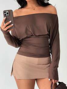 Aloruh Áo kiểu nữ màu cà phê, dáng rộng, trễ vai, có vạt nhún, thích hợp cho mùa thu/đông, kiểu áo thun thường ngày. - màu nâu - Xem 5