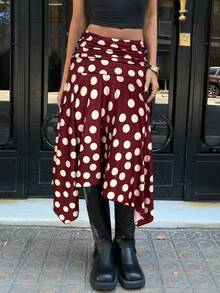 Aloruh Vintage Polka Dot Print Asymmetric Skirt, Casual Commuter Elegant Y2K Style,Burgundy Midi Skirt,Business Casual,Spring Break,Autumn/Winter New Asymmetric Hem A-Line Midi Skirt, High Low Polka Dot Skirt,Spring - Red and White - View 3
