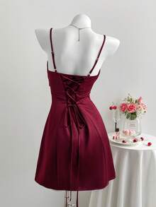 Comfortcana Plus Size Casual Ruffled A-Line Strap Dress, Red, Valentine's Day - Burgundy - View 8