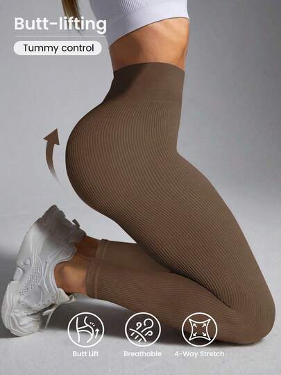 Easithlete Leggings de yoga marrones acanalados sin costuras para mujer