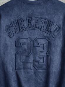 AXEPEAK 男士宽松版型压纹英文图案圆领短袖针织T恤 - 寶藍色 - 查看 3