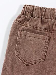 SHEIN Jeans dritti comodi e larghi per ragazze, con vita regolabile, fascia elastica in vita, ricamo floreale e tasche multiple - Caffè Marrone - Visualizzare 6