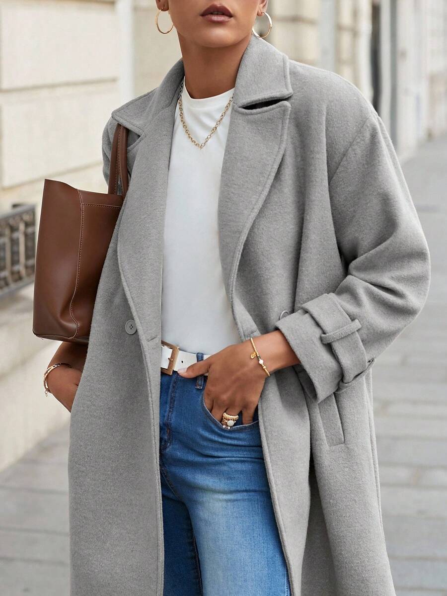 SHEIN Cottnline Abrigo de cuello con solapa de hombros caídos - Gris Claro - Ver 1