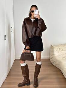 Easowa 女式复古休闲PU皮革拉链插肩夹克，秋季