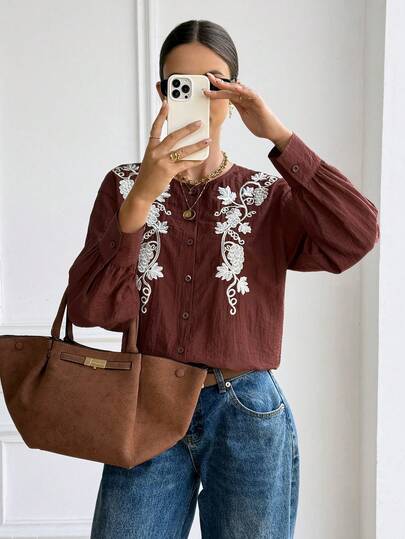 SHEIN Frenchy Women's Floral Embroidered Round Neck Long Sleeve Single-Breasted Casual Shirt