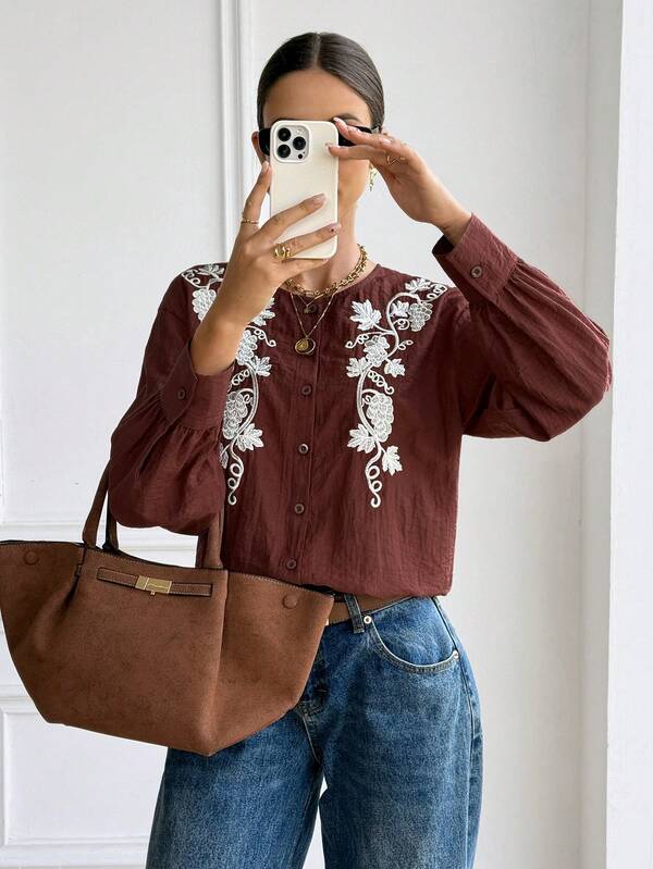 SHEIN Frenchy 女士花卉刺绣圆领长袖单排扣休闲衬衫