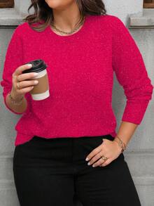 EMERY ROSE Plus Size Women's Solid Color Crew Neck Long Sleeve Casual Sweater, Autumn/Winter - Hot Pink - View 3