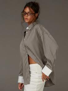 Athîral Women's Front Button Drop Shoulder Long Sleeve Casual Contrast Striped Shirt - Khaki - View 5