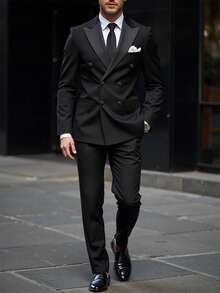 Calvornis 男士商务休闲纯色双排扣开衫夹克和裤子套装 - 黑色 - 查看 6