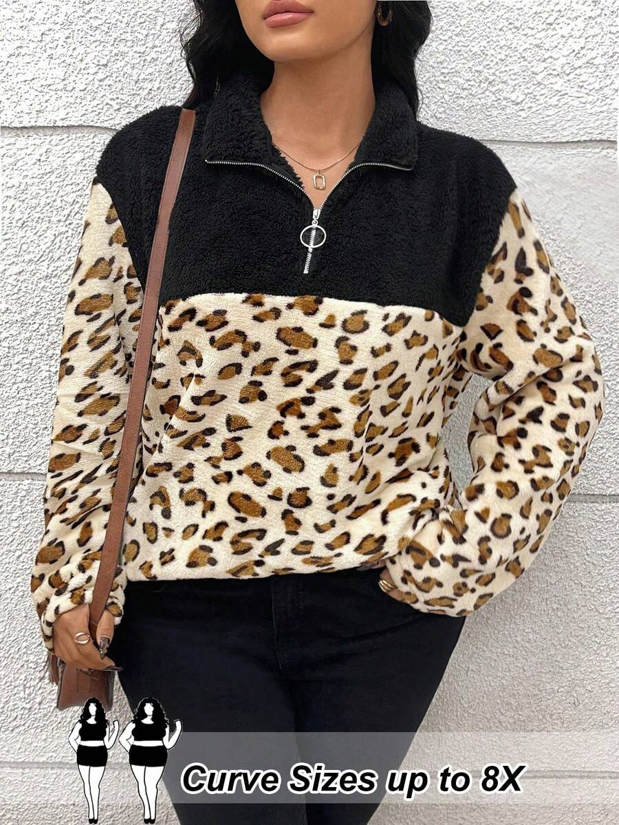 SHEIN CURVE+ Sweat-shirt-shirt décontracté à zip, avec bloc de couleurs et imprimé léopard en sherpa, tailles grandes pour femmes - Multicolore - Voir 1