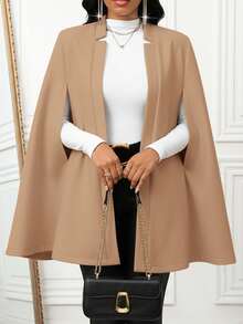 SHEIN Lady 黑色披肩羊毛大衣在秋冬季节时尚百搭，适合日常通勤、聚会和办公穿着。 - 卡其色 - 查看 1