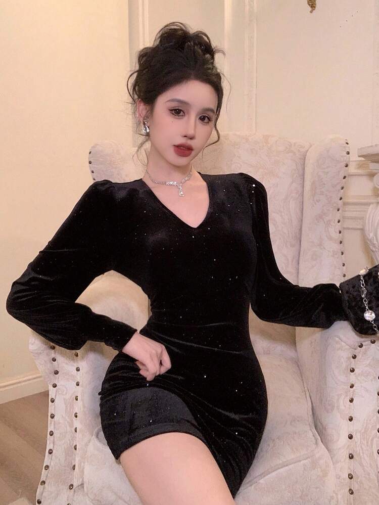 Women's Glitter V-Neck Long Sleeve Mini Dress Sundress