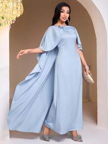 Veilorie Women's Elegant Blue Sleeveless Cape Sleeve Dress - Dusty Blue - View 2