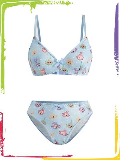 Teletubbies X ROMWE Conjunto de sujetador con copas triangulares y pantis con estampado de dibujos animados para mujer