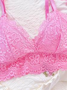 PetitDoll Women's Solid Color Minimalist Everyday Lace Lingerie Set - Pink - View 7