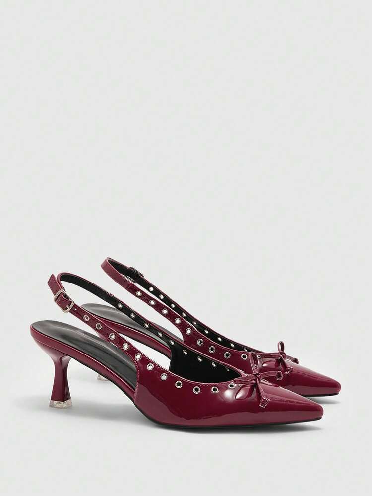 CUCCOO SZL Women's Fashion Burgundy Metallic Decor Pointed Toe High Heel Pumps For Christmas