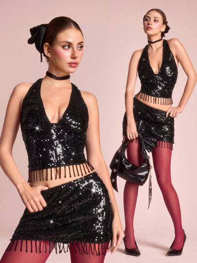 ROMWE Avant Y2K Glam Disco Party Pailletten Dekor Tiefer V-Ausschnitt Crop Top & Mini Rock 2 Stücke Set