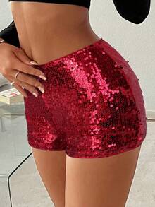 SHEIN EZwear 女士红色亮片低腰超短裤，适合舞台派对 - 紅色 - 查看 4