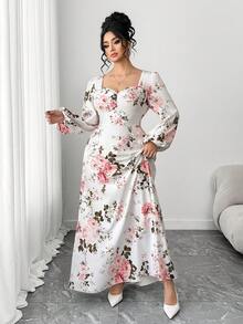 Elenzga 情人节加大码女士优雅方领泡泡灯笼袖碎花长裙，浪漫法式设计，喇叭裙摆，收腰显瘦，适合约会、休闲、度假、春夏穿着。 - 粉色 - 查看 4