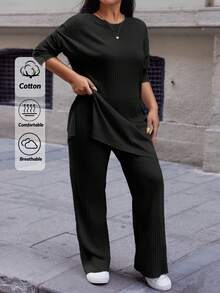 Cotton Plus Drop Shoulder Split Hem Tee & Pants - Black - View 1
