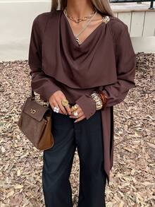 Siren Gaze New Spring/Autumn Style Brown Ribbon And Metal Button Blouse For Women, Brown Slouchy Collar Irregular Shirt Coffee Brown Top Casual - Brown - View 4