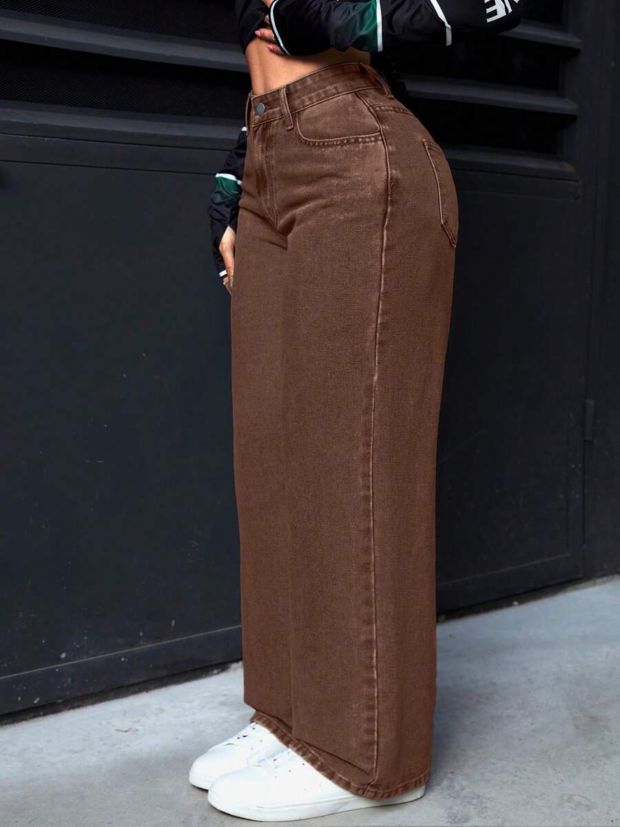 SHEIN PETITE Jeans rectos de cintura alta lavados de estilo casual para mujer - Café integral - Ver 1