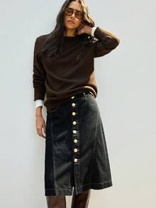 Maija Women's Single-Breasted Pocket Casual Versatile Denim Skirt, Urban Commute Business Casual , Elegant For Summer, Valentine's Day, Party, Holiday - Dark Wash - View 3