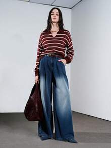 SHEIN PETITE 藍白條紋秋季優雅高雅校園返校風深紅色 Polo 領撞色長袖休閒套頭針織上衣，適合嬌小女性 - 酒紅色 - 查看 5