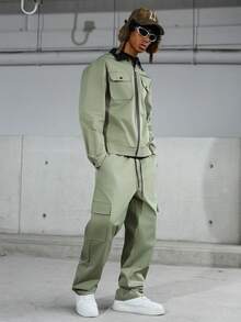 PAVTROS 男士休闲拉链夹克和阔腿裤套装 - 軍綠色 - 查看 6