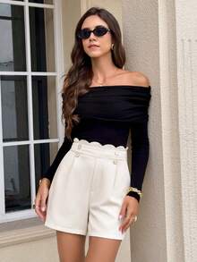 SHEIN Frenchy 女士纯色贝壳边饰优雅褶皱宽松束口短裤，纽扣装饰，通勤短裤，简约短裤，夏季女士短裤，优雅知性，休闲，极简主义，通勤，复古法式风格，海滩，女士度假胜地 - 杏色 - 查看 6