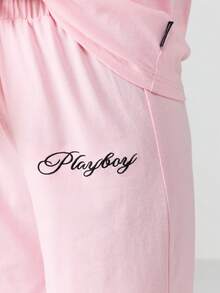 Missguided x Playboy Embroidered Bunny Long Sleeve Button Up Pajama Set With Wide Leg Pants - Pink - View 5