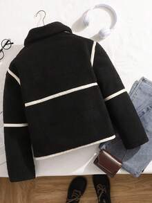 Casual Commuter Apricot Faux Fur Collar Loose Jacket For Teen GirlSuitable For Daily Commute - Black - View 2