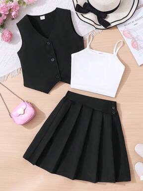 Elegante conjunto de 3 piezas para niñas preadolescentes: Chaleco escolar estilo coreano + Camiseta sin mangas + Falda plisada | Conjunto de traje de moda | Combinación de atuendo versátil con estilo de princesa dulce