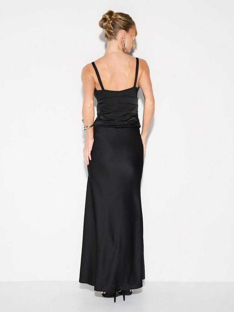 KIZN Corset-Style Button Detail Cowl Neck Sleeveless Maxi Dress With Ruched Bodice And Flowing Floor-Length Silhouette