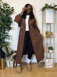 Truni Plus Size Plain Color Dual-Breasted Long Casual Trench Coat, Spring/Autumn Winter Fall, For Pear Triangle Body Shape - Brown - View 1