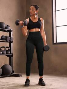 Powerista Yoga Tights Seamless High Stretch Tummy Control Gym Leggings - Black - View 8