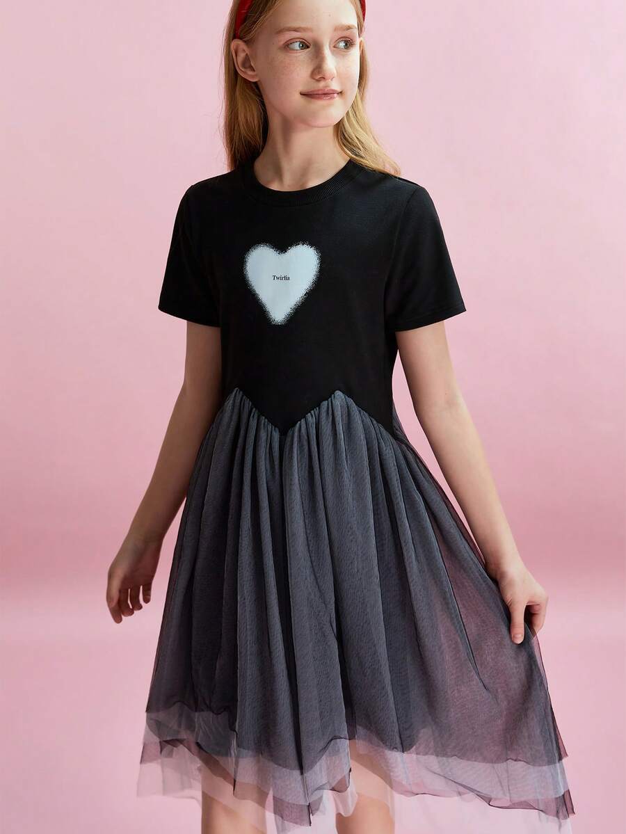Tween Girl Heart Print Color Block Round Neck Short Sleeve Dress - Black - View 1