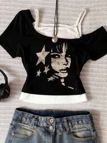 Glimmora Áo crop top họa tiết hình ngũ giác và hình người thẩm mỹ Y2K, áo ống hở vai dành cho nữ, phù hợp cho mùa xuân/hè - màu đen - Xem 1