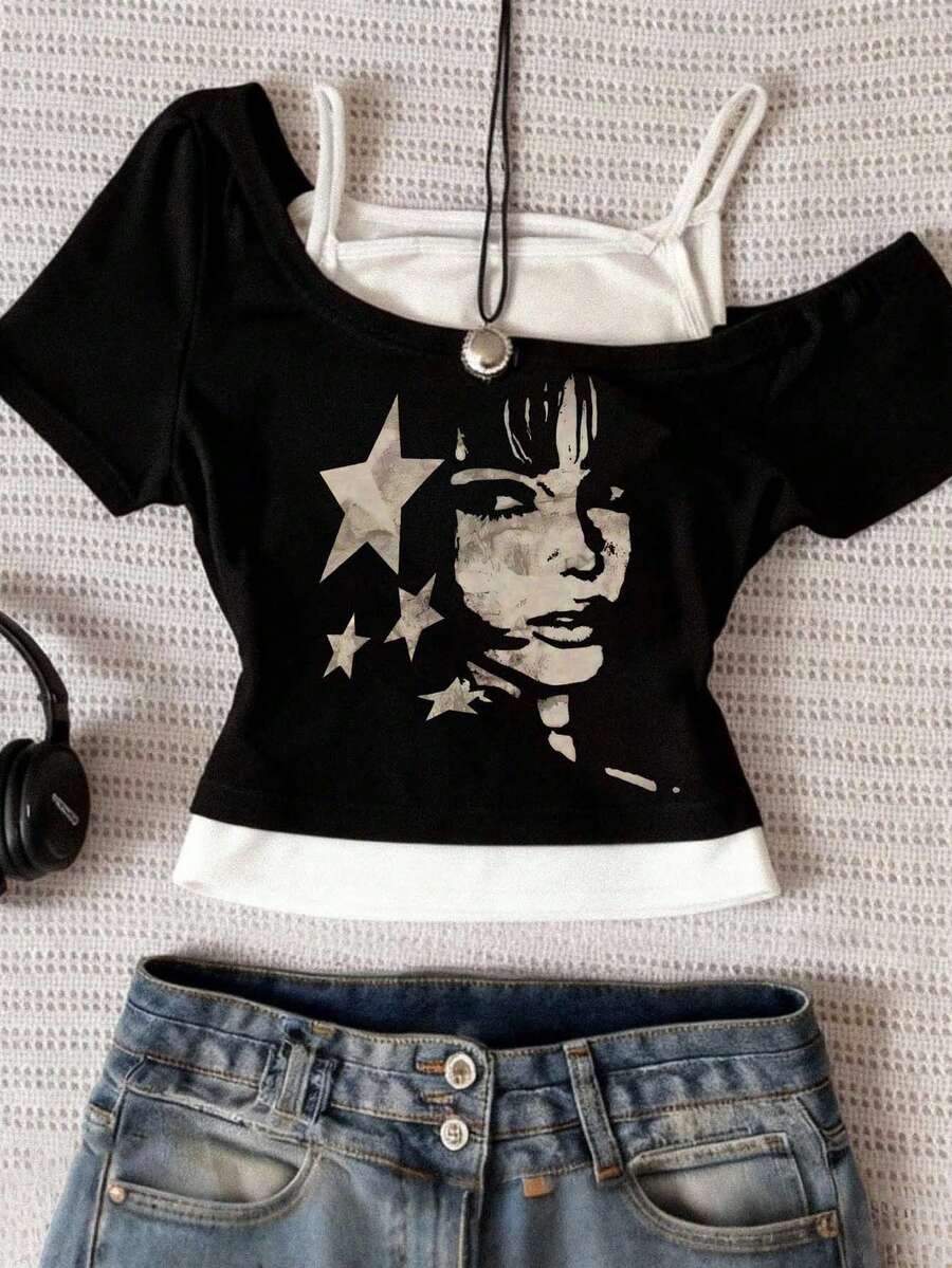 Glimmora Áo crop top họa tiết hình ngũ giác và hình người thẩm mỹ Y2K, áo ống hở vai dành cho nữ, phù hợp cho mùa xuân/hè - màu đen - Xem 1