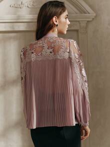 SHEIN Unity 新款优雅宽松褶皱雪纺长袖衬衫，法式复古蕾丝拼接衬衫，适合春季、夏季、度假、派对、情人节等场合。 - 粉色 - 查看 3