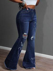 Slaydiva Plus Size Women Cowgirl Style Blue Stretch Heart Embroidered Distressed Flare Jeans, Spring - Dark Wash - View 5