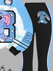 两件套少女休闲宽松兔子图案扎染天蓝色运动风23号印花卫衣和喇叭裤套装，适合秋冬季节、居家穿着、度假穿着。 - 彩色 - 查看 5